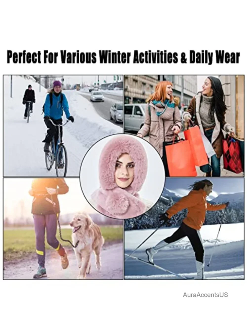 Fleece Hooded Scarf Winter Balaclava Neck Warmer Adjustable Pompom